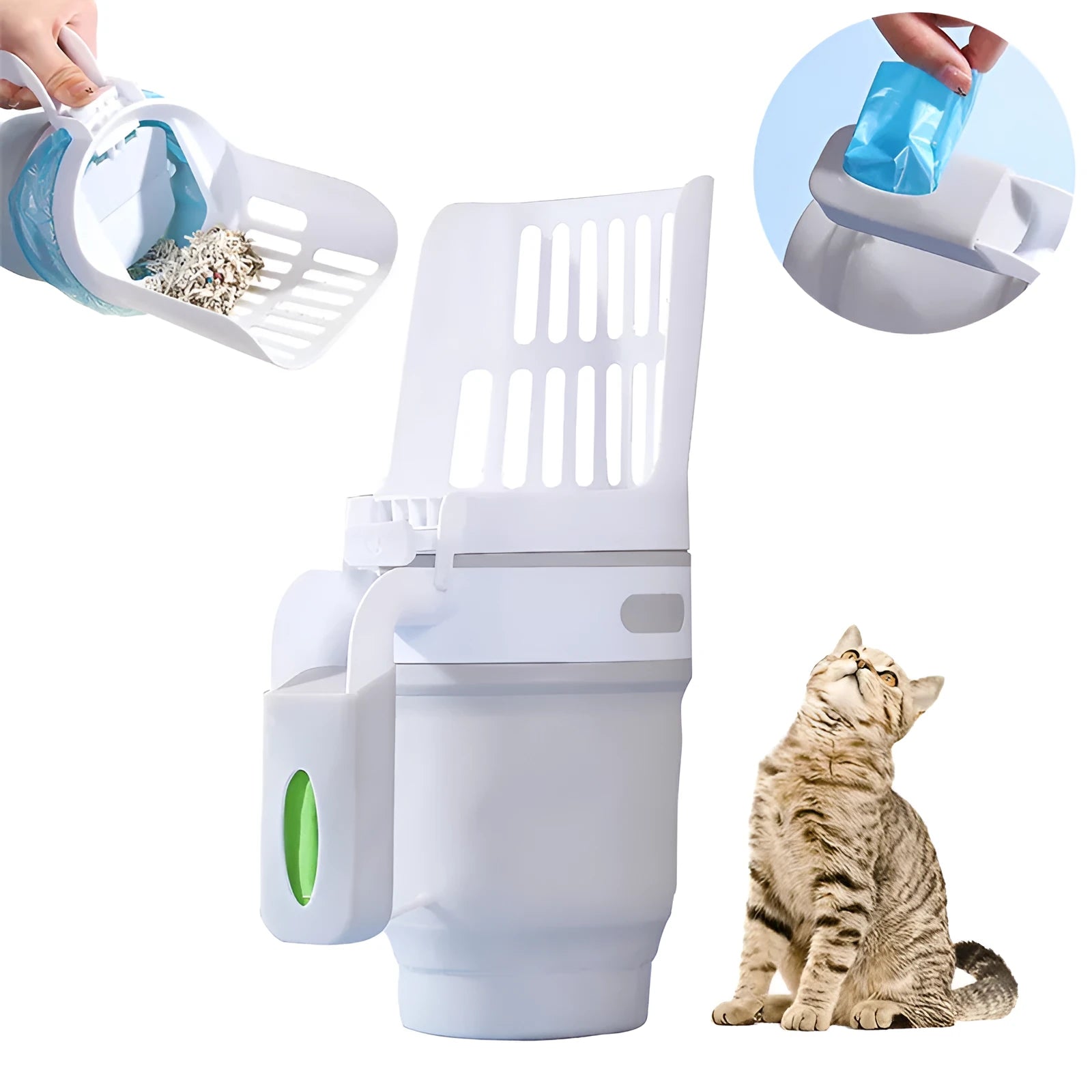 Grey 2-in-1 cat litter scoop with non-slip handle and foldable base on a floor