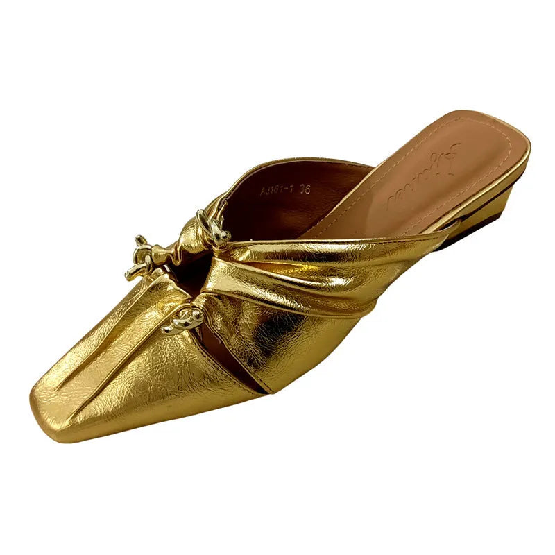 Genuine leather women's square toe slippers in beige, low heel, shown from side.