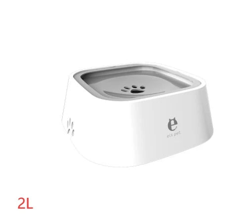 Spill-proof floating pet water bowl with slow feeder design, available in various colors and sizes