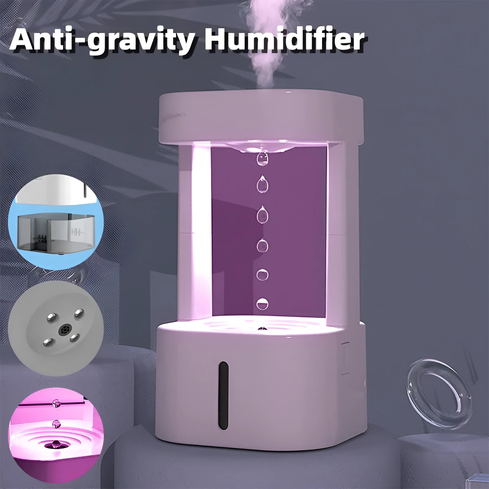 Anti-gravity water drop humidifier with coloured lights on a desk, showing water droplets appearing to float.