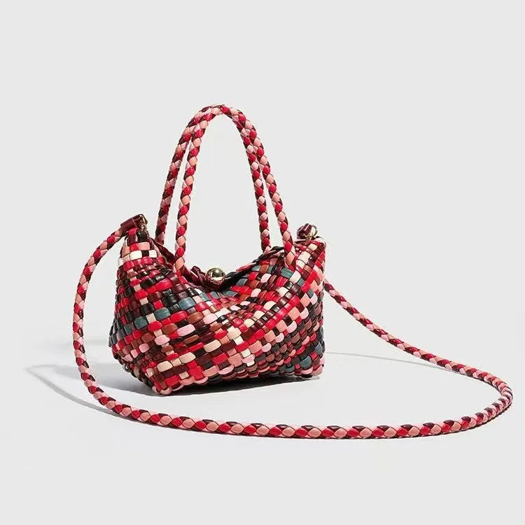 Women's colourful woven PU leather shoulder bag showing handmade texture