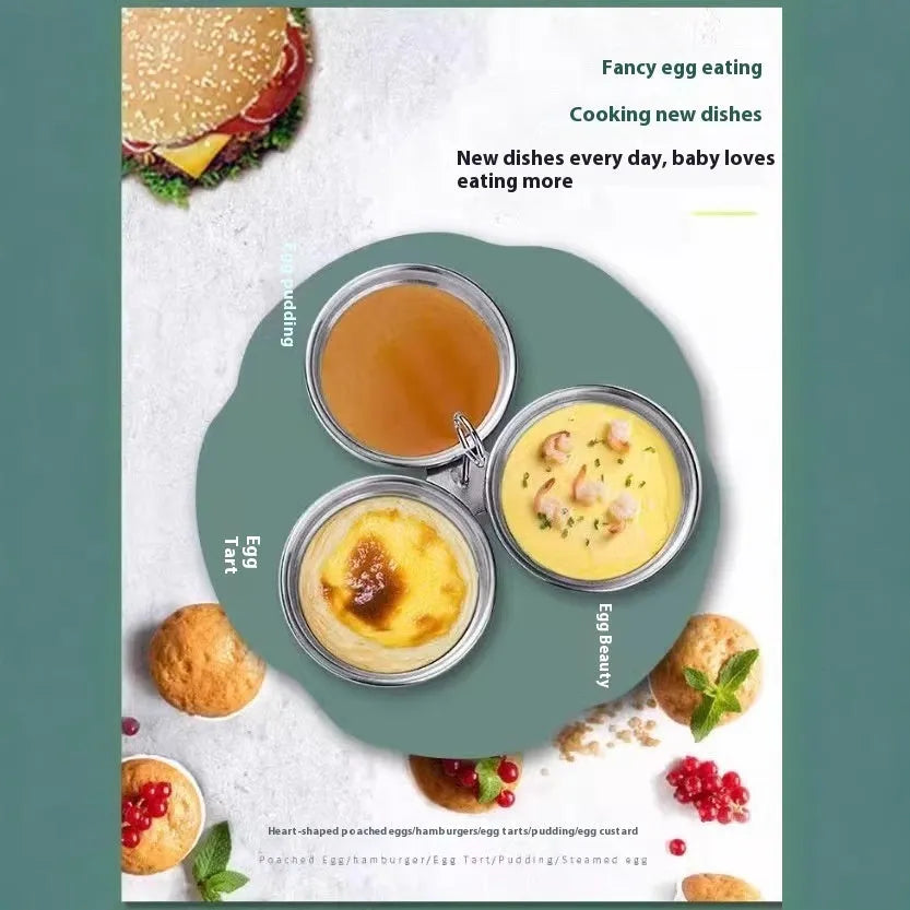 Small stainless steel egg steamer in both round and love-shaped designs on a kitchen counter.