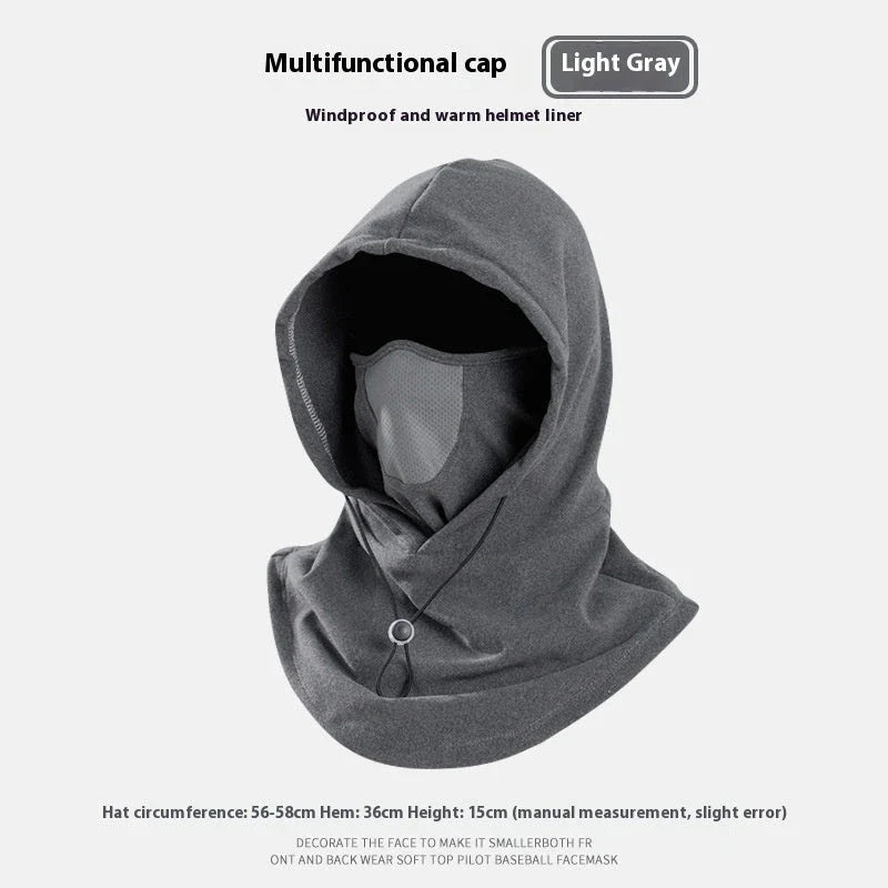 Versatile winter sports mask and hood made of soft, breathable fleece with adjustable drawstring for customized fit