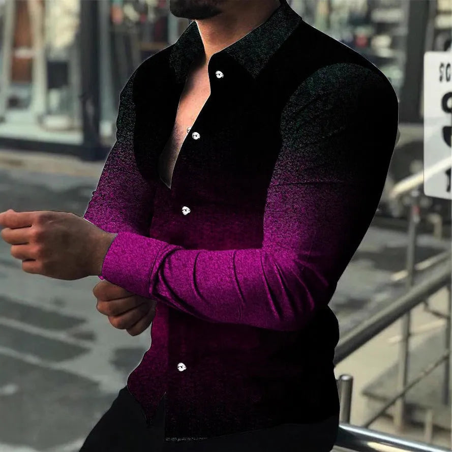 Men's slim fit gradient cardigan in blue with long sleeves and button front, shown on model