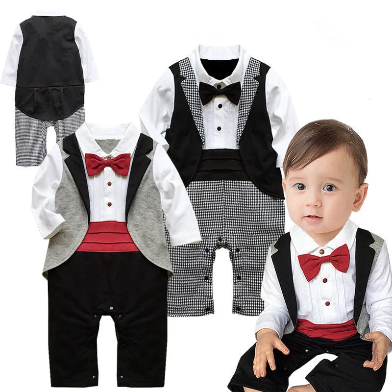 Boys' long-sleeved gentleman romper in black with formal collar, front view, available in sizes 70-95