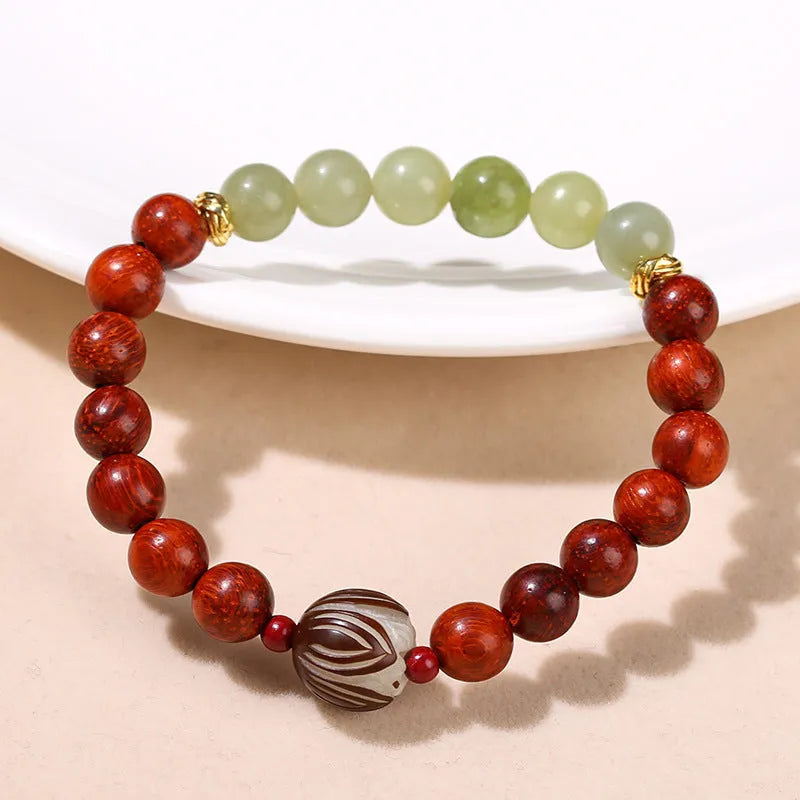 Red rosewood and grey jade Bodhi Lotus bracelet with geometric round beads