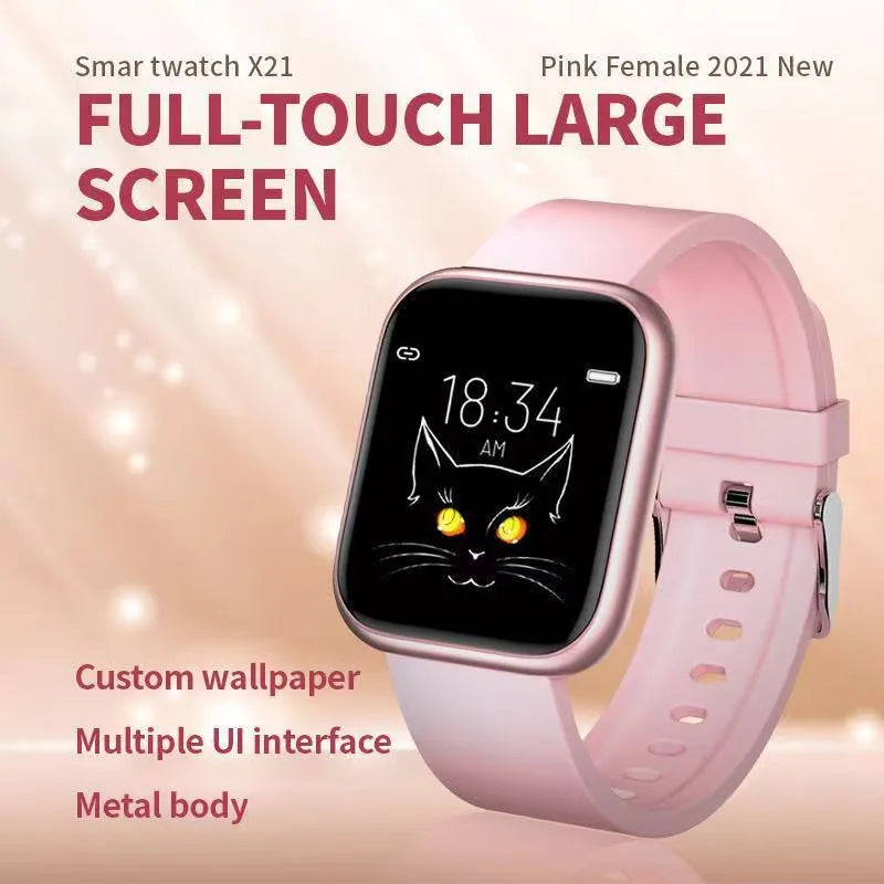 Black smart watch with a colour touch screen displaying health metrics including heart rate and blood oxygen.