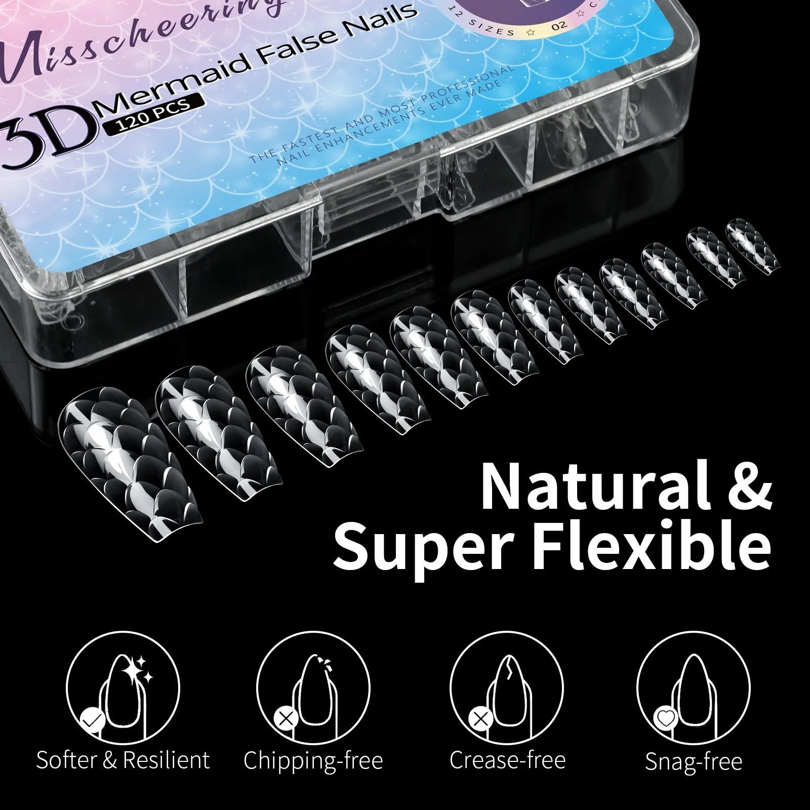 3D scale long shaping nail tips in multiple colour sets for professional nail extensions