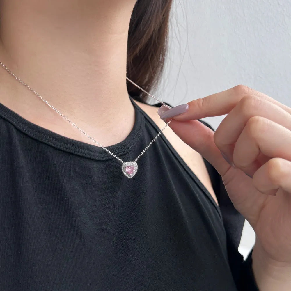 Women's simple colour dopamine zircon necklace in 925 silver with electroplated finish, shown in platinum and pink diamond options