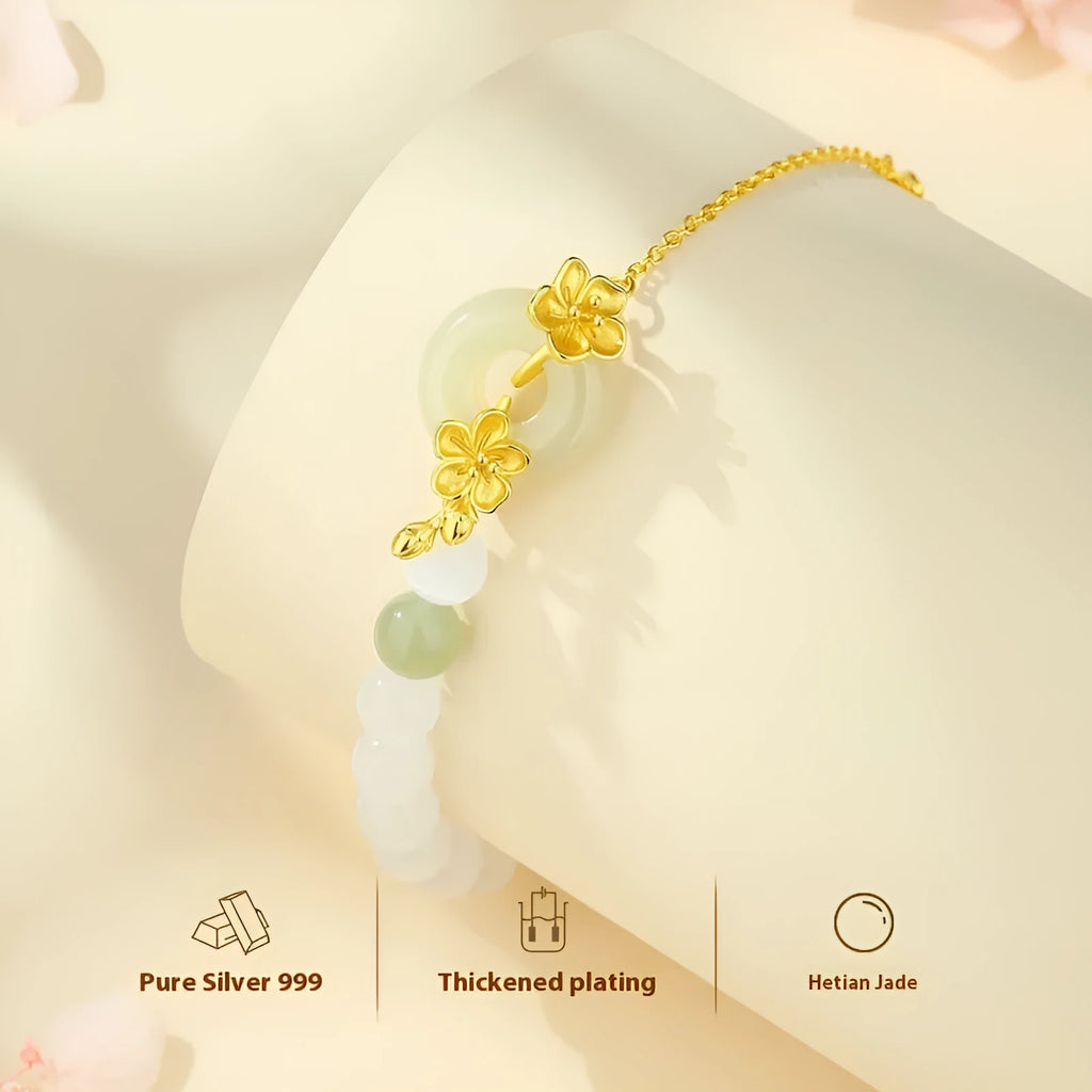 Pure silver peach blossom bracelet with safety buckle clasp in new Chinese style design