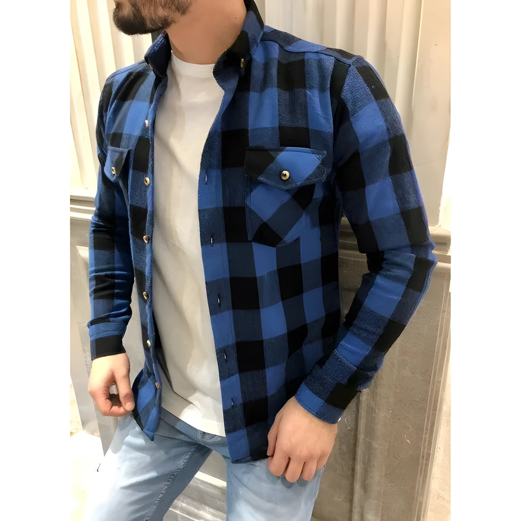 Dark blue and black long-sleeved checked shirt with double chest pockets and lapel collar for men, shown from front, autumn casual wear