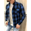 Dark blue and black long-sleeved checked shirt with double chest pockets and lapel collar for men, shown from front, autumn casual wear