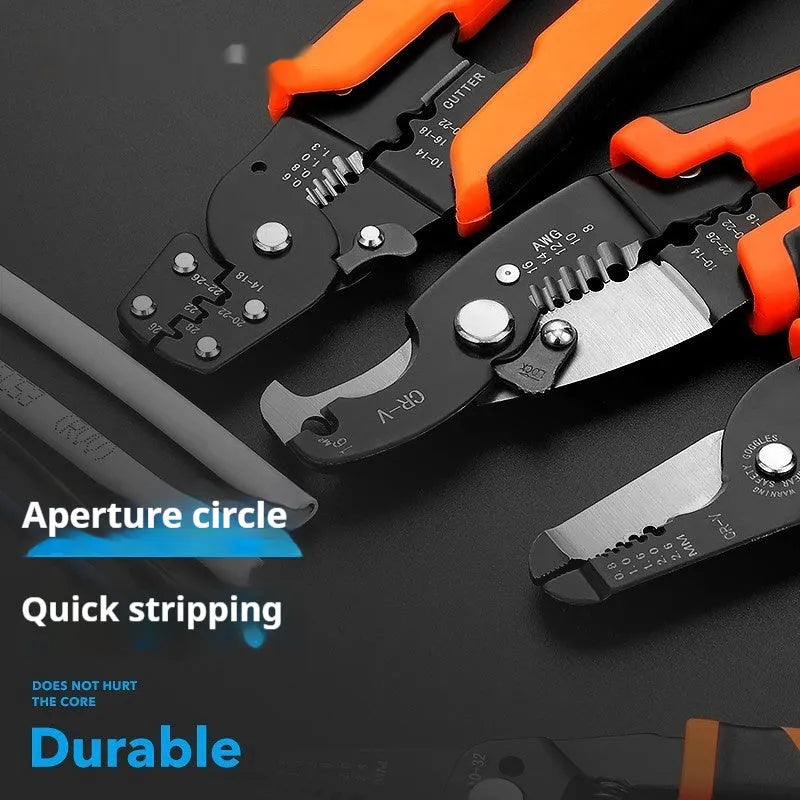 Fully automatic wire stripping pliers tool with a high carbon steel blade on a white background.