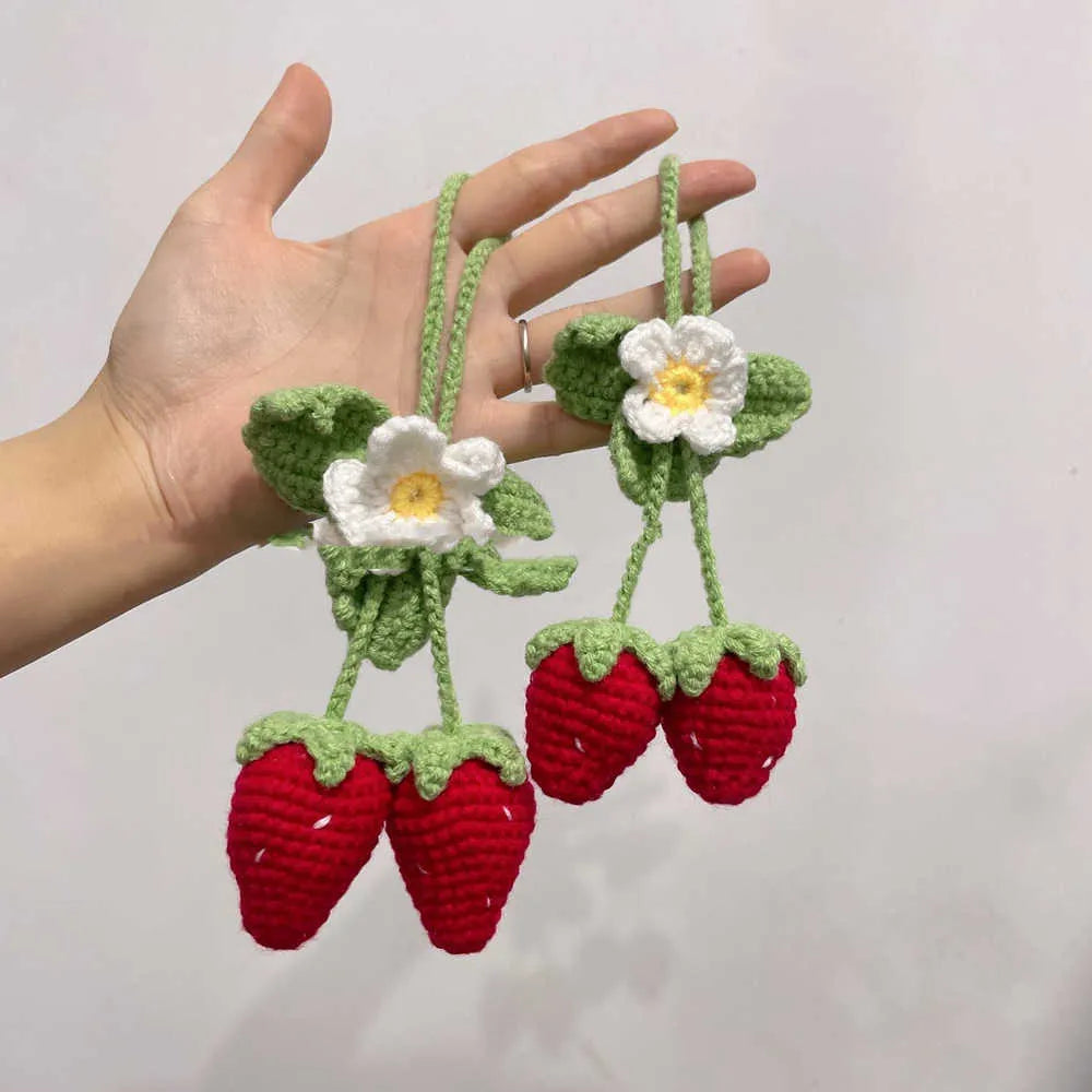 Handmade strawberry-shaped car decoration pendant made from knitted cotton and hemp wool