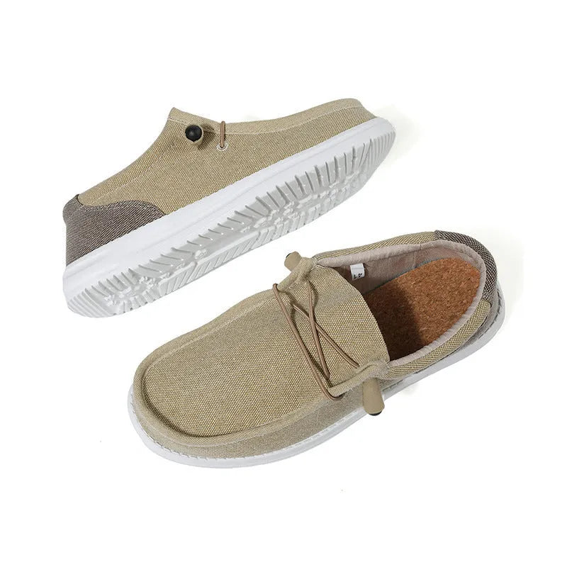 Men's green and orange canvas casual shoes with mosaic pattern detailing and rubber soles