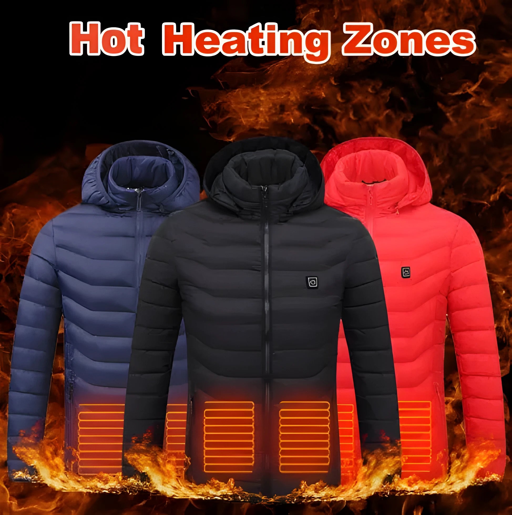 USB heated jacket with carbon fibre heating wire, removable hood, and three heat settings in black Blue Zone 2 colour variant