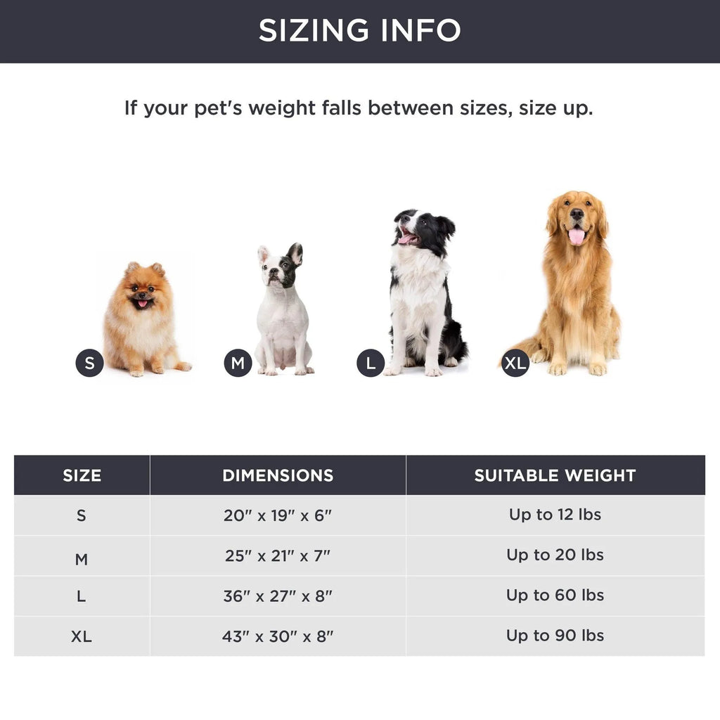 Dog bed with removable cover in beige colour showing four available size options