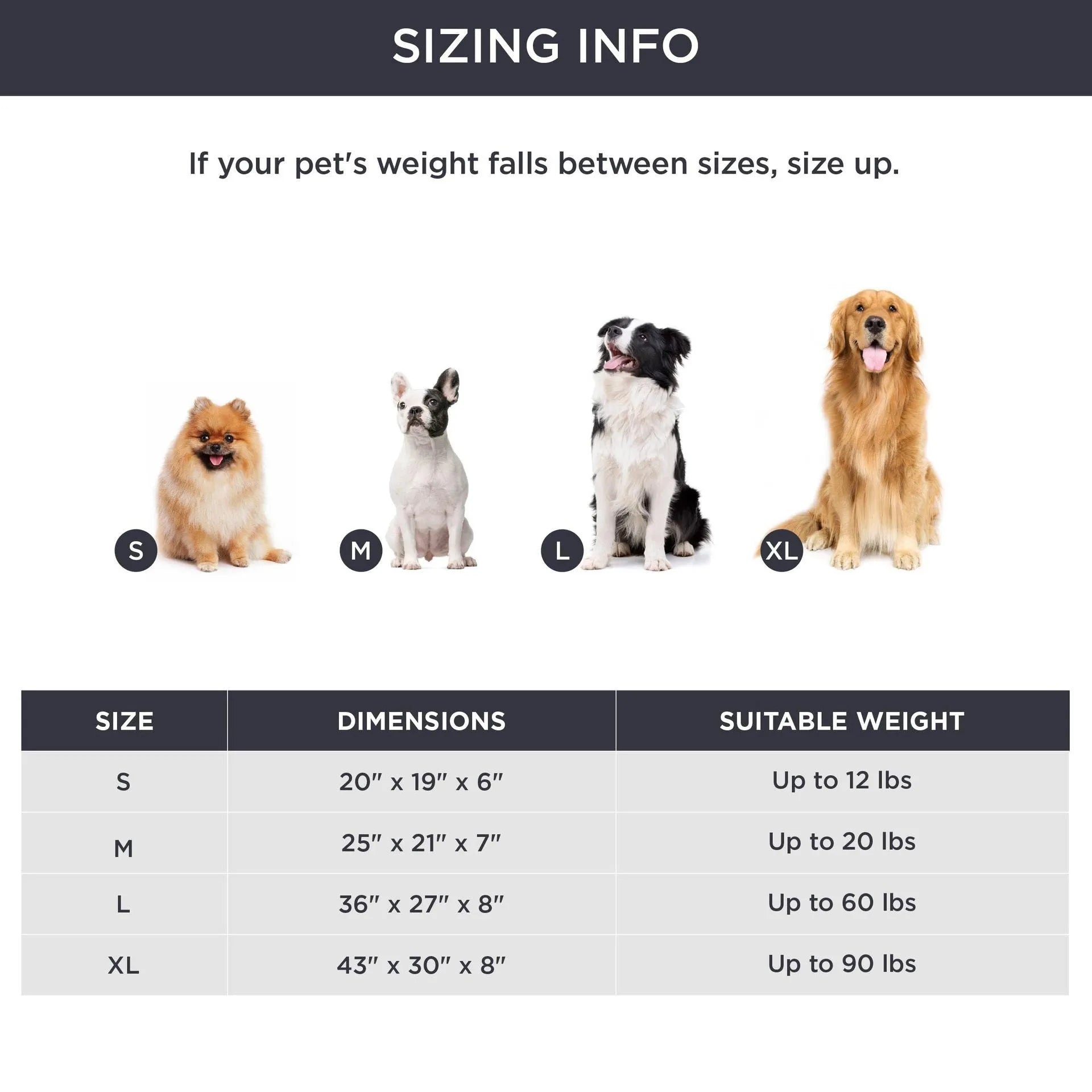 Dog bed with removable cover in beige colour showing four available size options