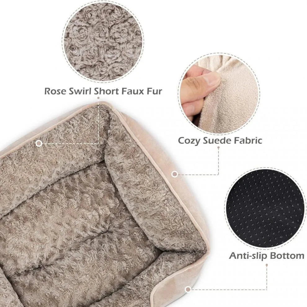 Beige enclosed oval dog kennel bed with artificial fur lining and removable cushion.