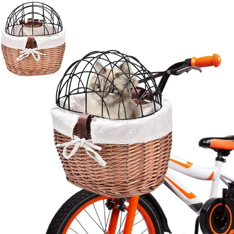 Medium honey wicker bicycle front basket for cat and dog on road bike handlebar