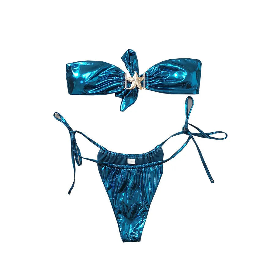 Blue glossy women's bikini with gold starfish print and tube top design