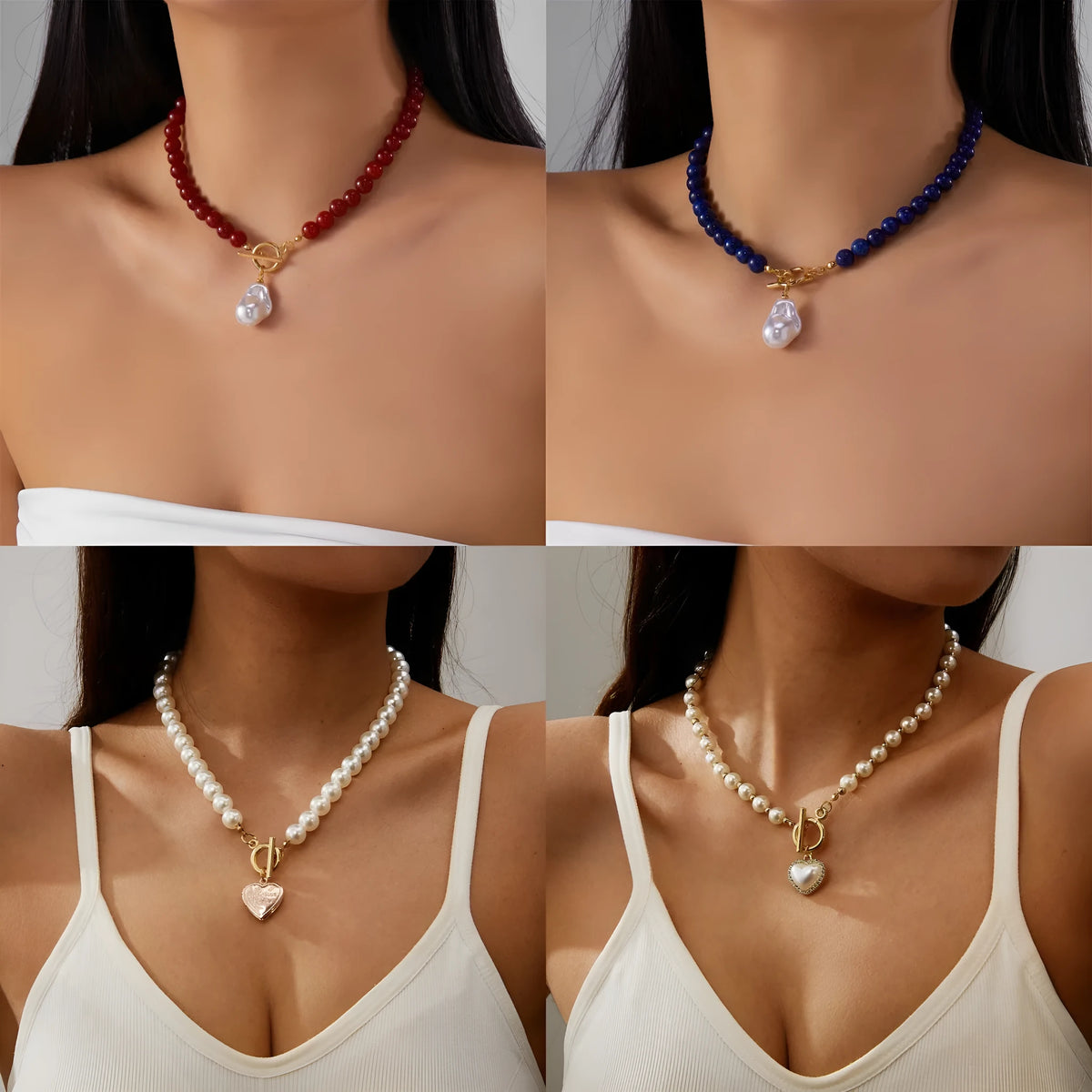 Hand-knit black natural gravel necklace with imitation pearl heart pendant on 31-40cm pearl chain for women