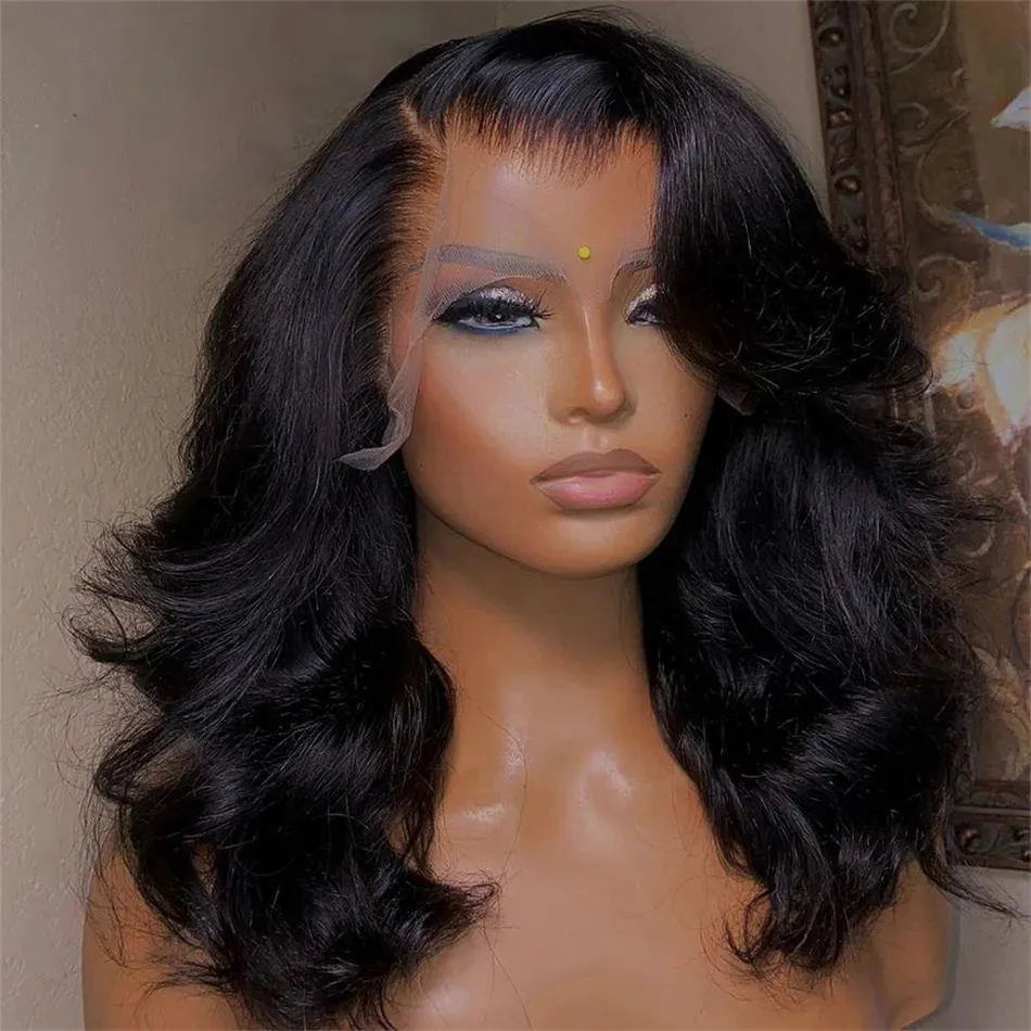 Women's black solid colour transparent lace forehead wig with short curly hair