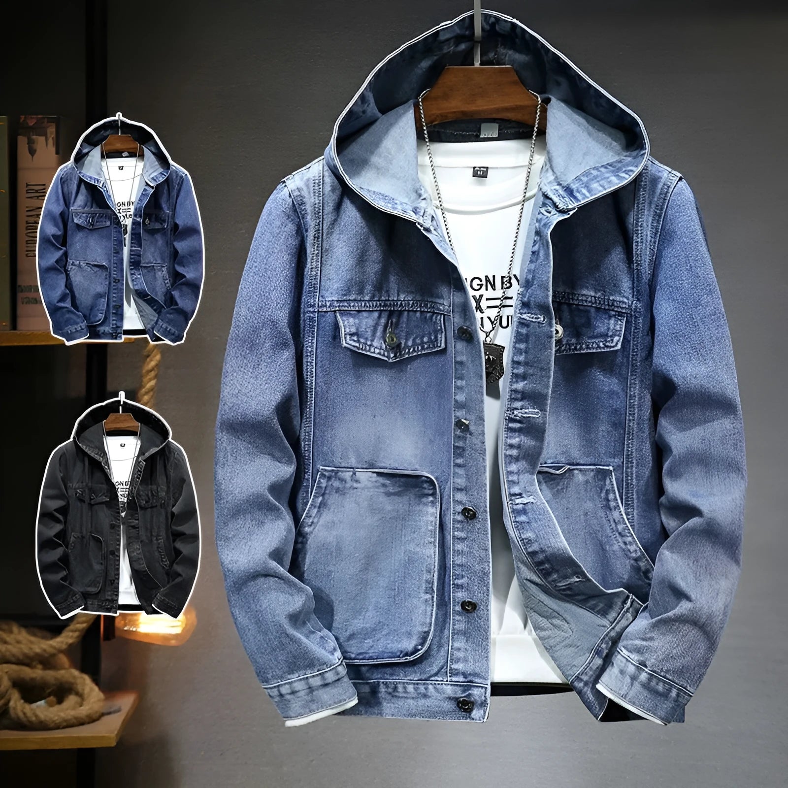 Men's slim-fit hooded denim jacket in light blue with cotton lining