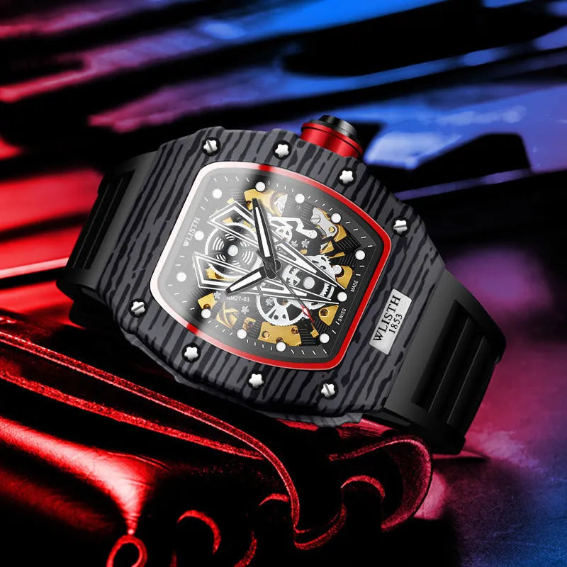 Men's automatic mechanical sports watch with luminous pointer display, 44mm dial, black or red case and black strap