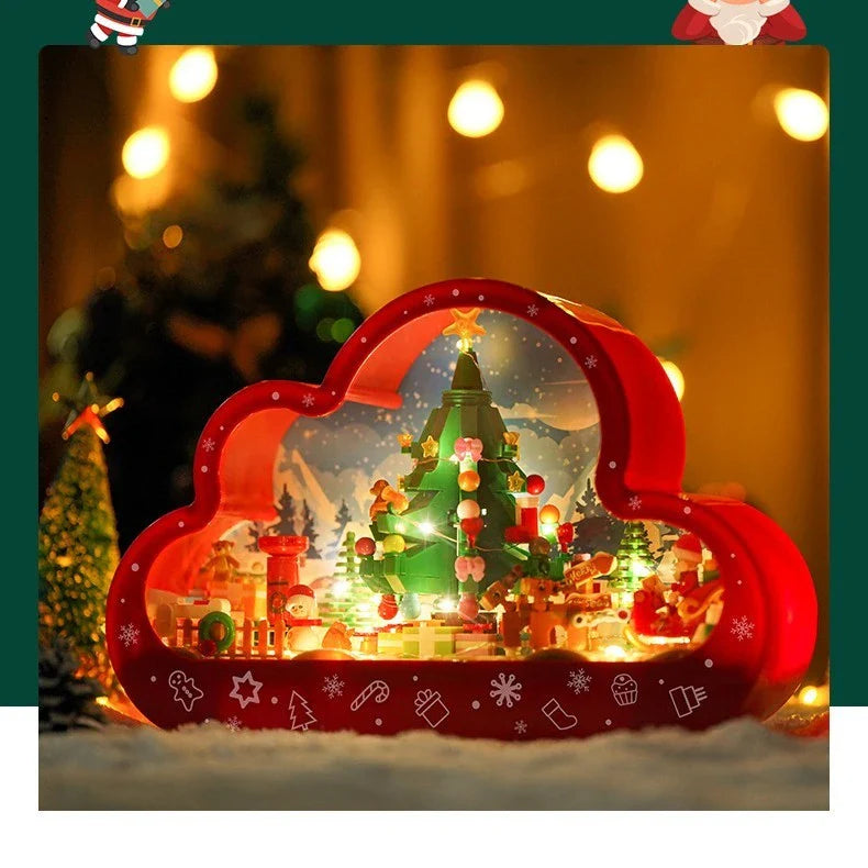 Christmas-themed building block lamp with mirror frame and soft lighting