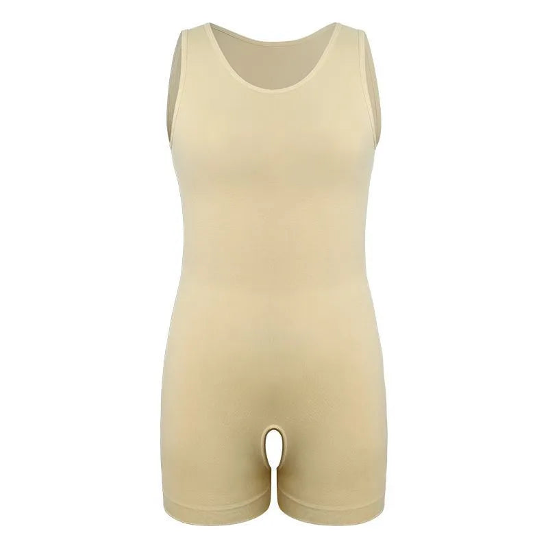 Men's shaping fitness training plus size waist-tightening brief bodysuit in black nylon