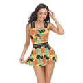 Women's one-piece swimsuit with a black detachable tulle skirt laid flat.