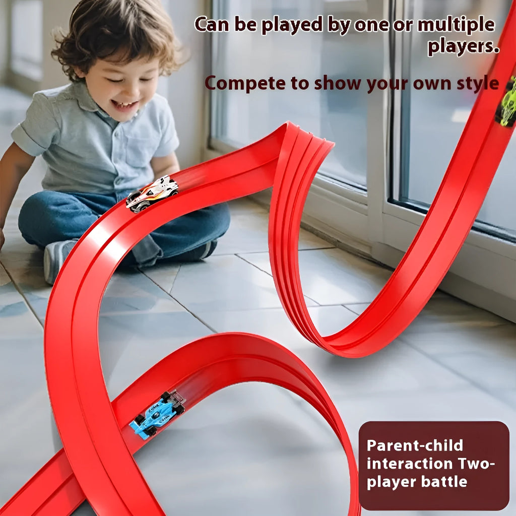 Cool DIY assembled inertia rail car set with plastic track and cars in red or blue options