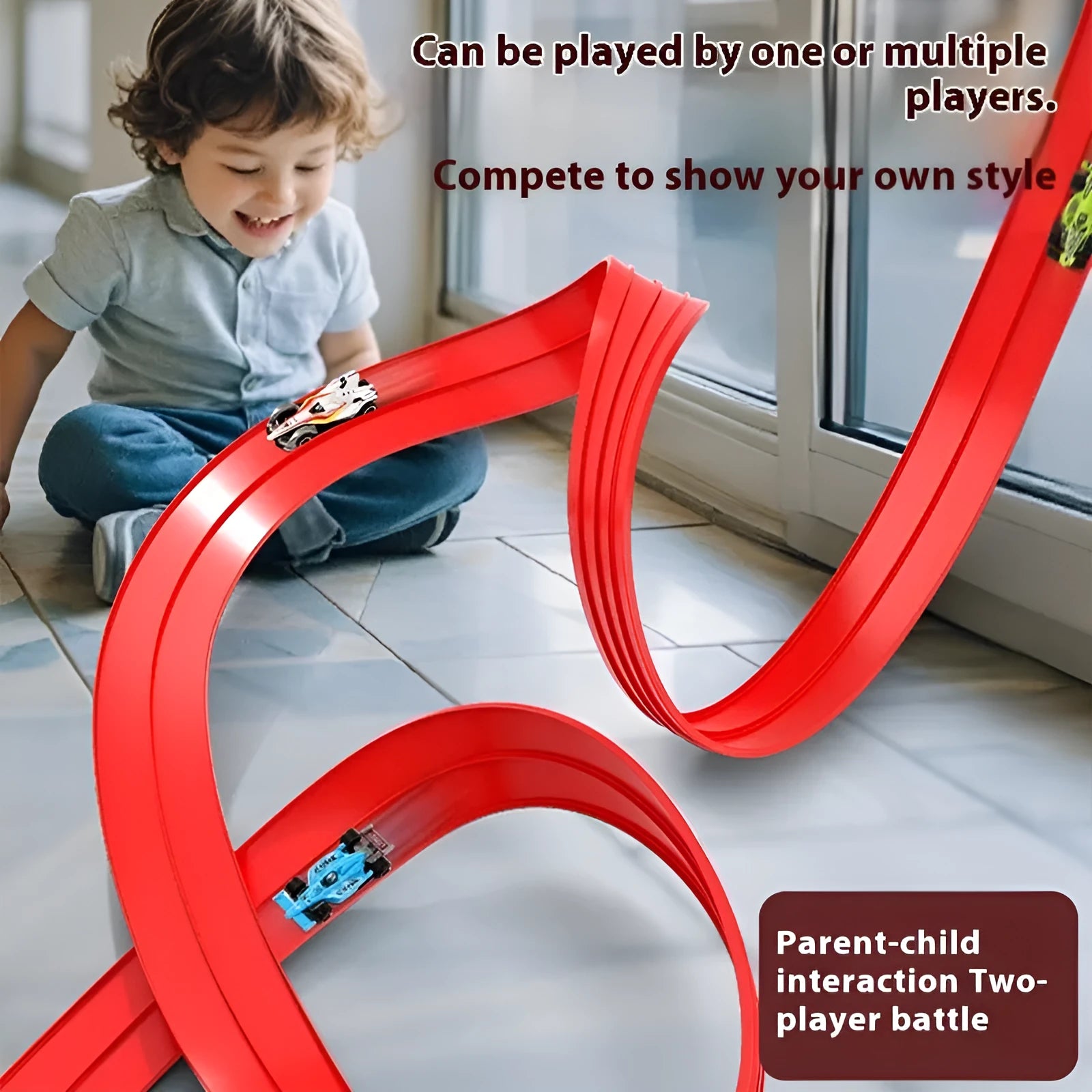 Cool DIY assembled inertia rail car set with plastic track and cars in red or blue options