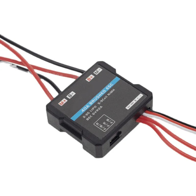 Small brushed electronic speed controller for 40A RC models with adjustable climbing mode.