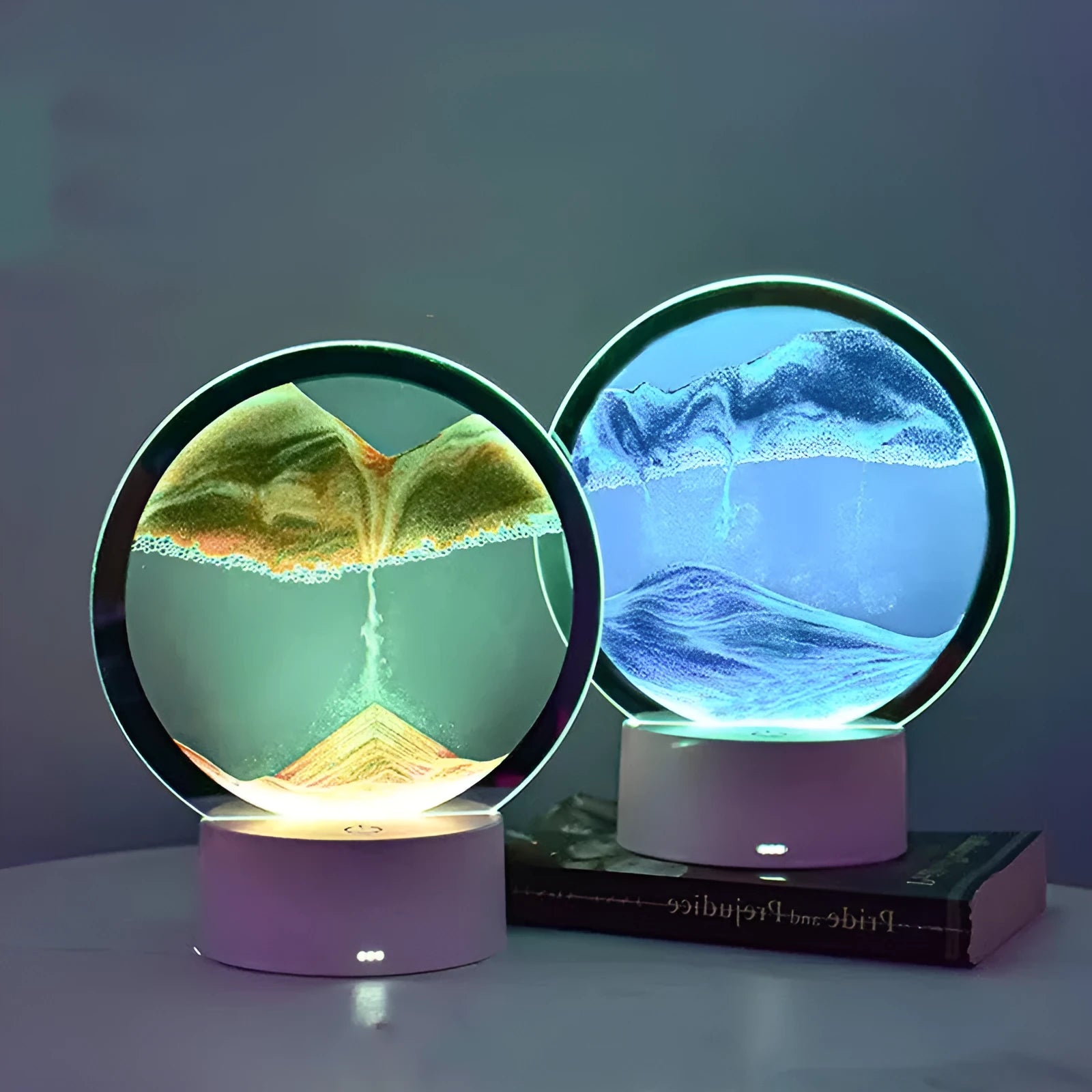 Creative 3D quicksand touch table lamp in blue colour on a wooden surface