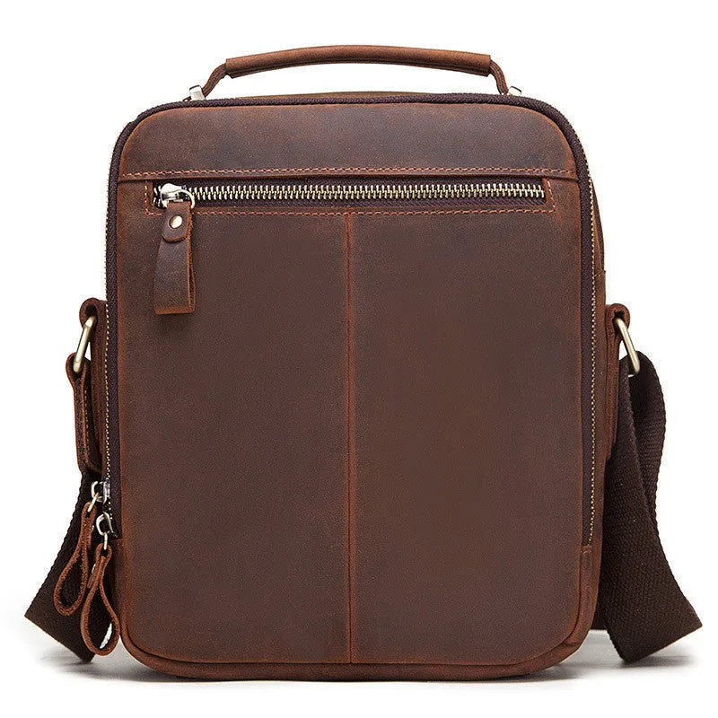 Men's brown Crazy Horse leather crossbody bag with vintage retro styling and visible sewing lines