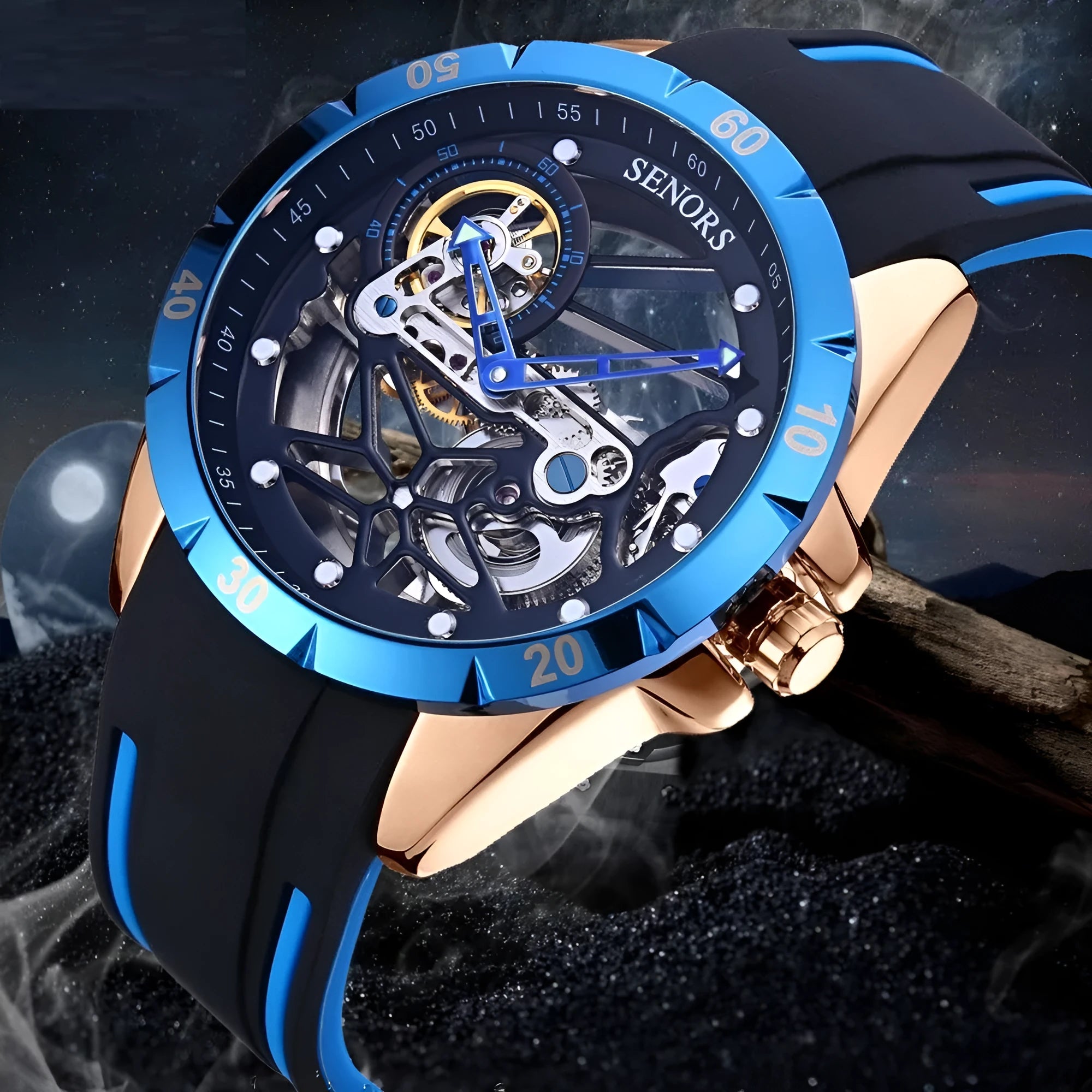 Automatic men's skeleton watch with rose gold case and blue dial showing mechanical movement