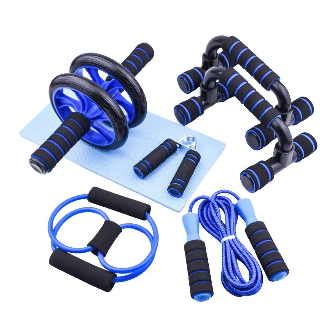 Set of seven abdominal wheels with dual handles in red, green, black, and blue colours for home fitness training.