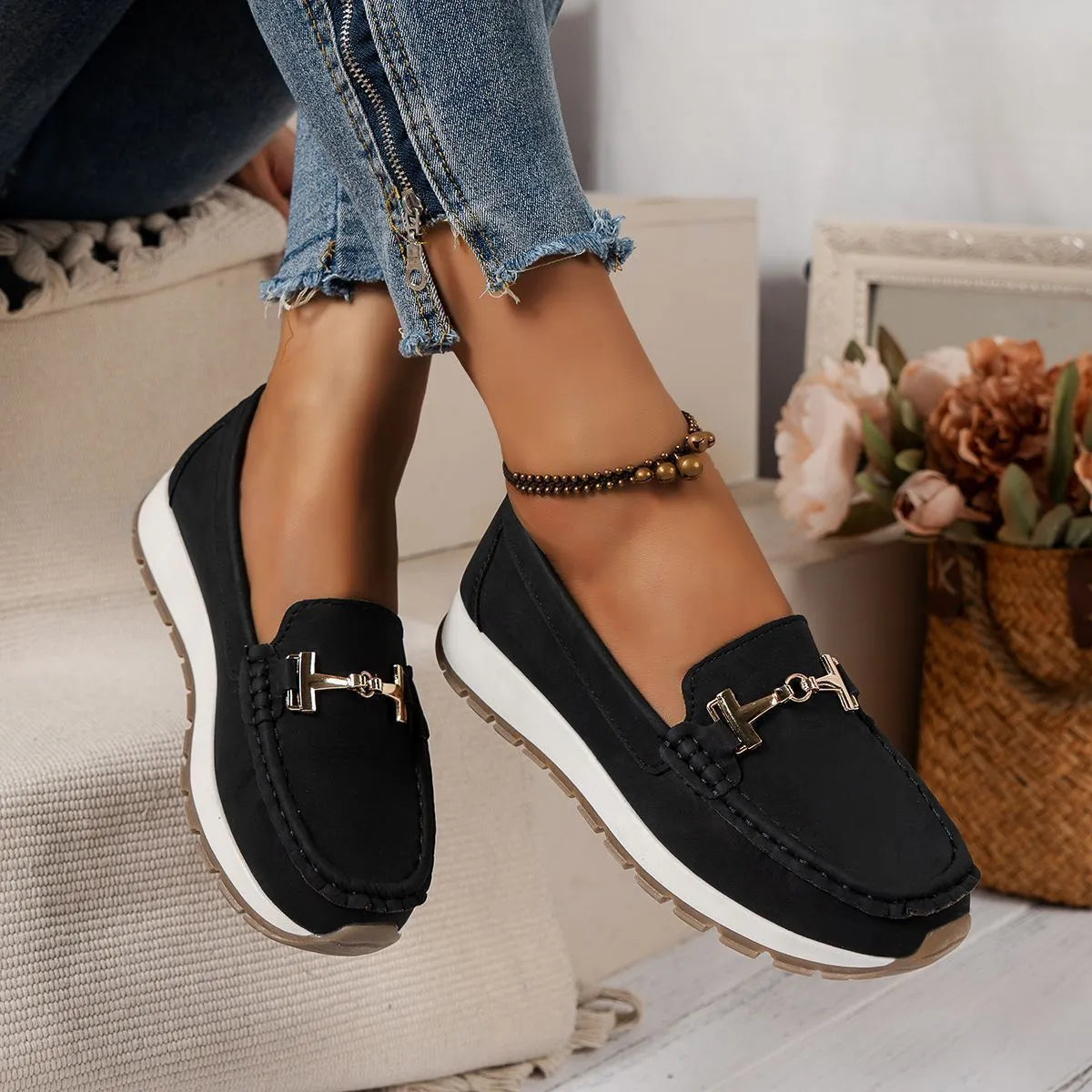 Women's non-slip soft bottom loafers in black or beige, PU upper, round toe, sizes 36-41