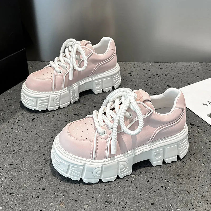 Women's leather casual shoes with height increase in beige and pink colour options