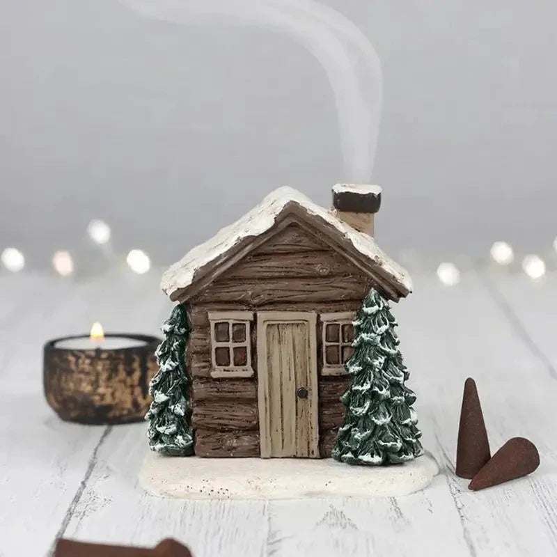 Rustic log cabin-shaped incense burner with wood-inspired finish, creating a cozy and inviting atmosphere in the home