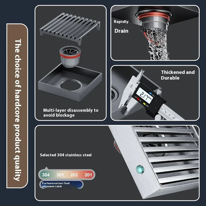 Gun grey 304 stainless steel courtyard floor drain with square grate, 15cm by 15cm.