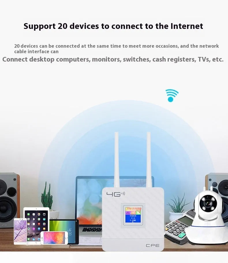 Home office LTE router with two antennas, DC power interface, and international power supply options