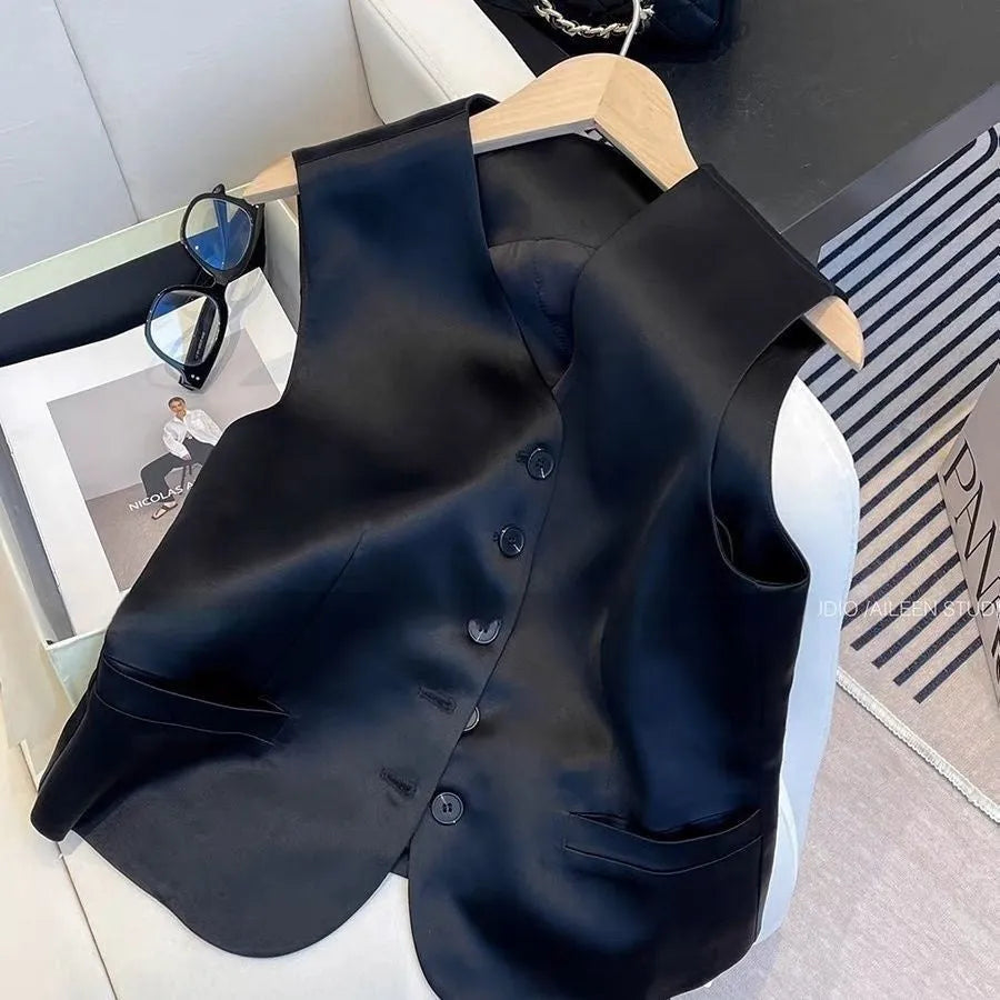 Black satin sleeveless vest with loose fit and v-neck design