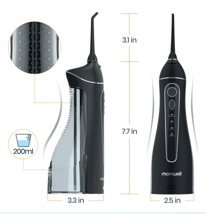Black portable oral irrigator water flosser with built-in battery for adult home dental care.