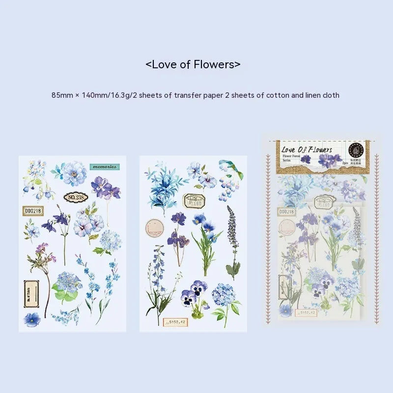 A5 forest art sticker set showing six colour designs on cotton linen transfer paper