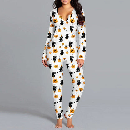 A comfortable and stylish Halloween-themed cotton pajama jumpsuit with long sleeves, available in a variety of festive colors.