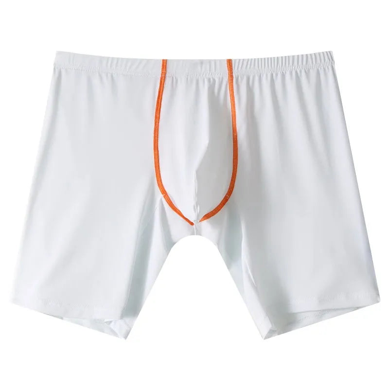 Ice silk nylon men's boxers on a mid-waist hanger, showing the U-convex pouch and available colour options.