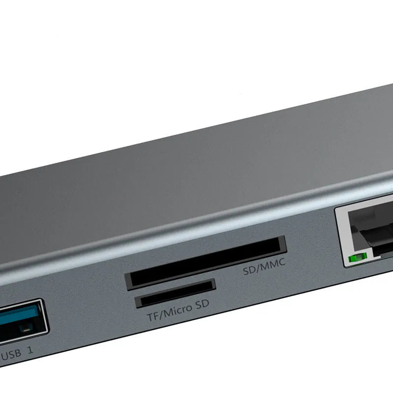 Ten-in-one USB-C multi-function adapter with aluminium alloy body and multiple ports in Space Grey
